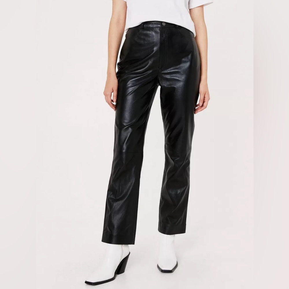 Straight Leg High Waisted Real Leather Pants